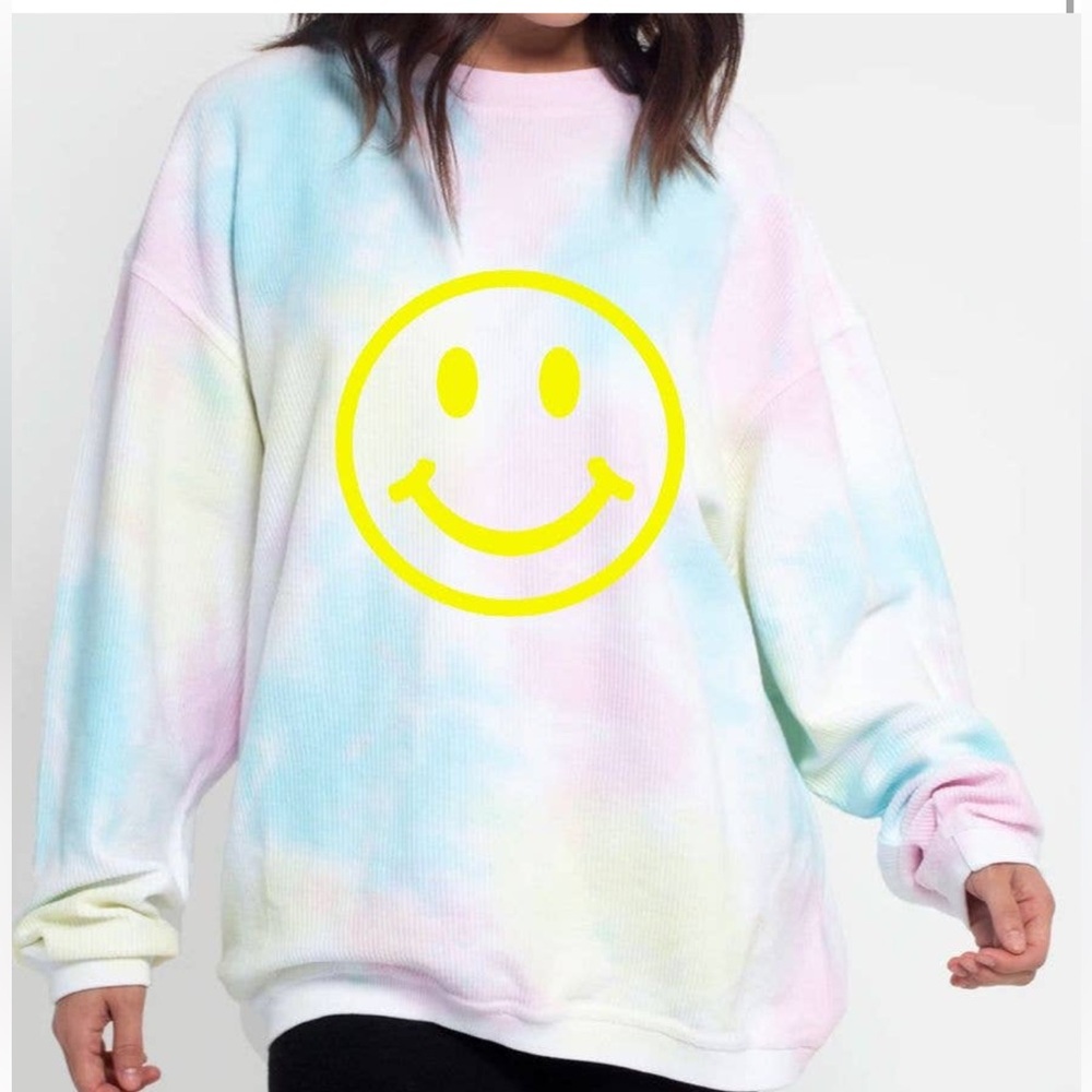 Friday+Saturday Pastel Tie-Dye Corded Smiley Face Sweatshirt